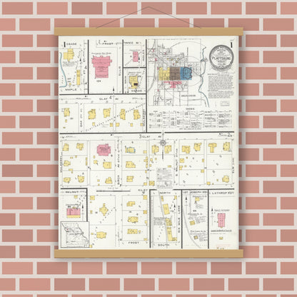 Old map wall art mockup — magnetic wood frame on brick wall — Sanborn Fire Insurance Map from Plattsburg, Clinton County, Missouri (1926) - Complete Map Set