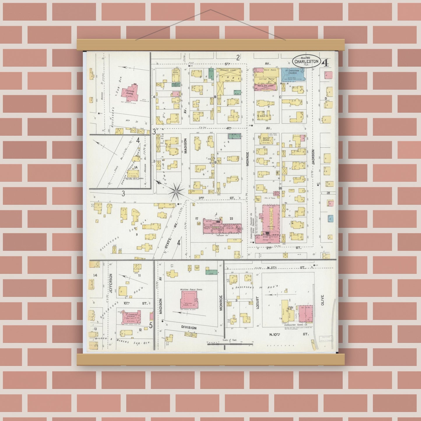 Old map wall art mockup — magnetic wood frame on brick wall — Sanborn Fire Insurance Map from Charleston, Coles County, Illinois (1902), Sheet #0004