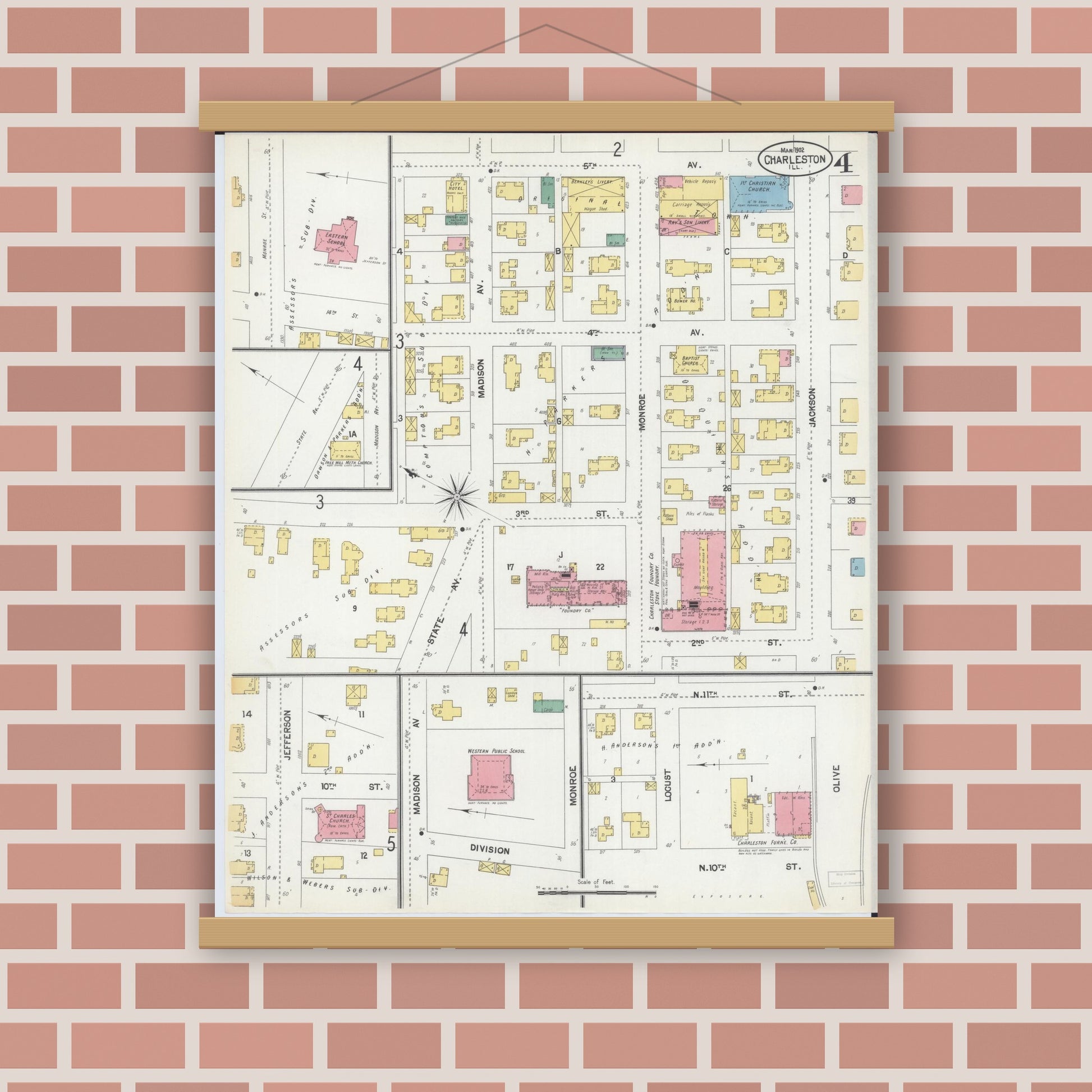Old map wall art mockup — magnetic wood frame on brick wall — Sanborn Fire Insurance Map from Charleston, Coles County, Illinois (1902), Sheet #0004