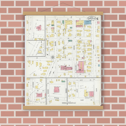 Old map wall art mockup — magnetic wood frame on brick wall — Sanborn Fire Insurance Map from Charleston, Coles County, Illinois (1902), Sheet #0004
