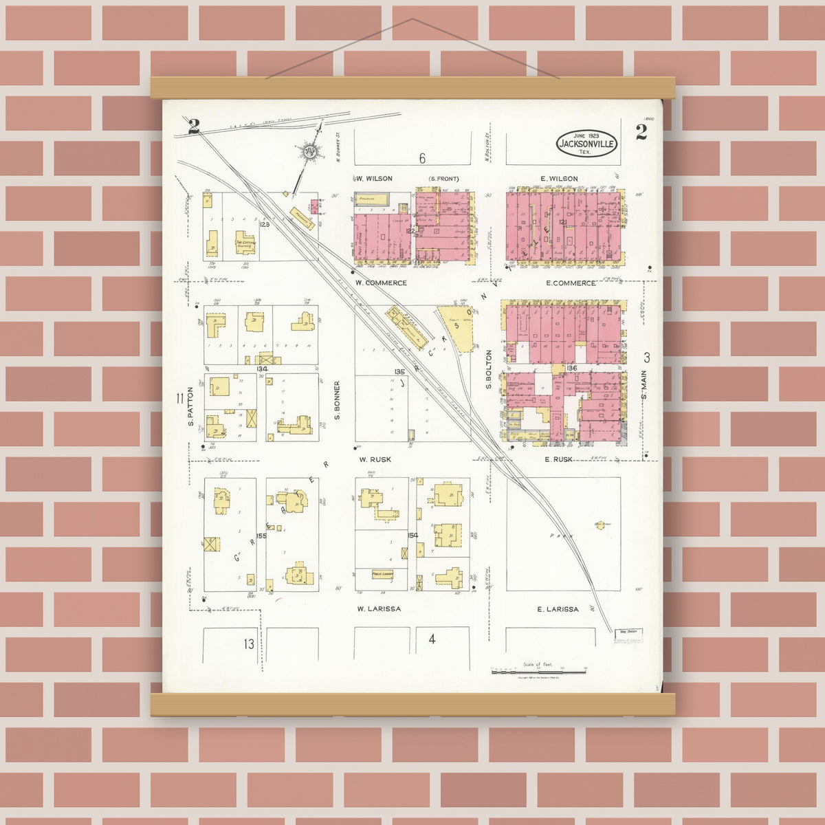 Old map wall art mockup — magnetic wood frame on brick wall — Sanborn Fire Insurance Map from Jacksonville, Cherokee County, Texas (1923), Sheet #0002