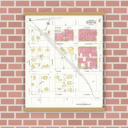 Old map wall art mockup — magnetic wood frame on brick wall — Sanborn Fire Insurance Map from Jacksonville, Cherokee County, Texas (1923), Sheet #0002