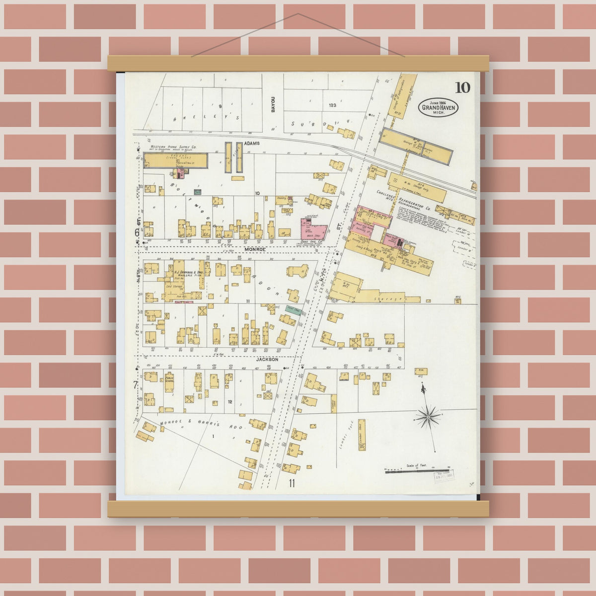 Old map wall art mockup — magnetic wood frame on brick wall — Sanborn Fire Insurance Map from Grand Haven, Ottawa County, Michigan (1906), Sheet #0010
