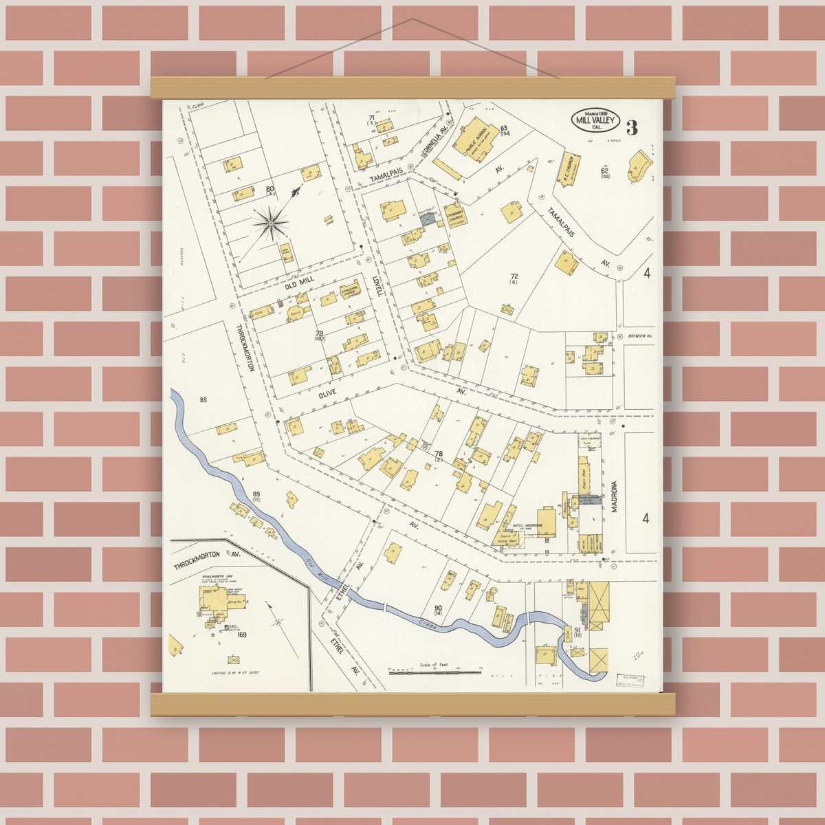 Old map wall art mockup — magnetic wood frame on brick wall — Sanborn Fire Insurance Map from Mill Valley, Marin County, California (1908), Sheet #0003