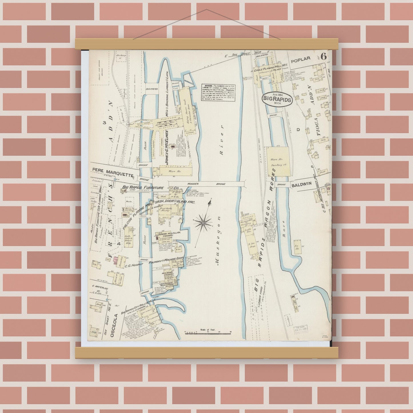 Old map wall art mockup — magnetic wood frame on brick wall — Sanborn Fire Insurance Map from Big Rapids, Mecosta County, Michigan (1884), Sheet #0006