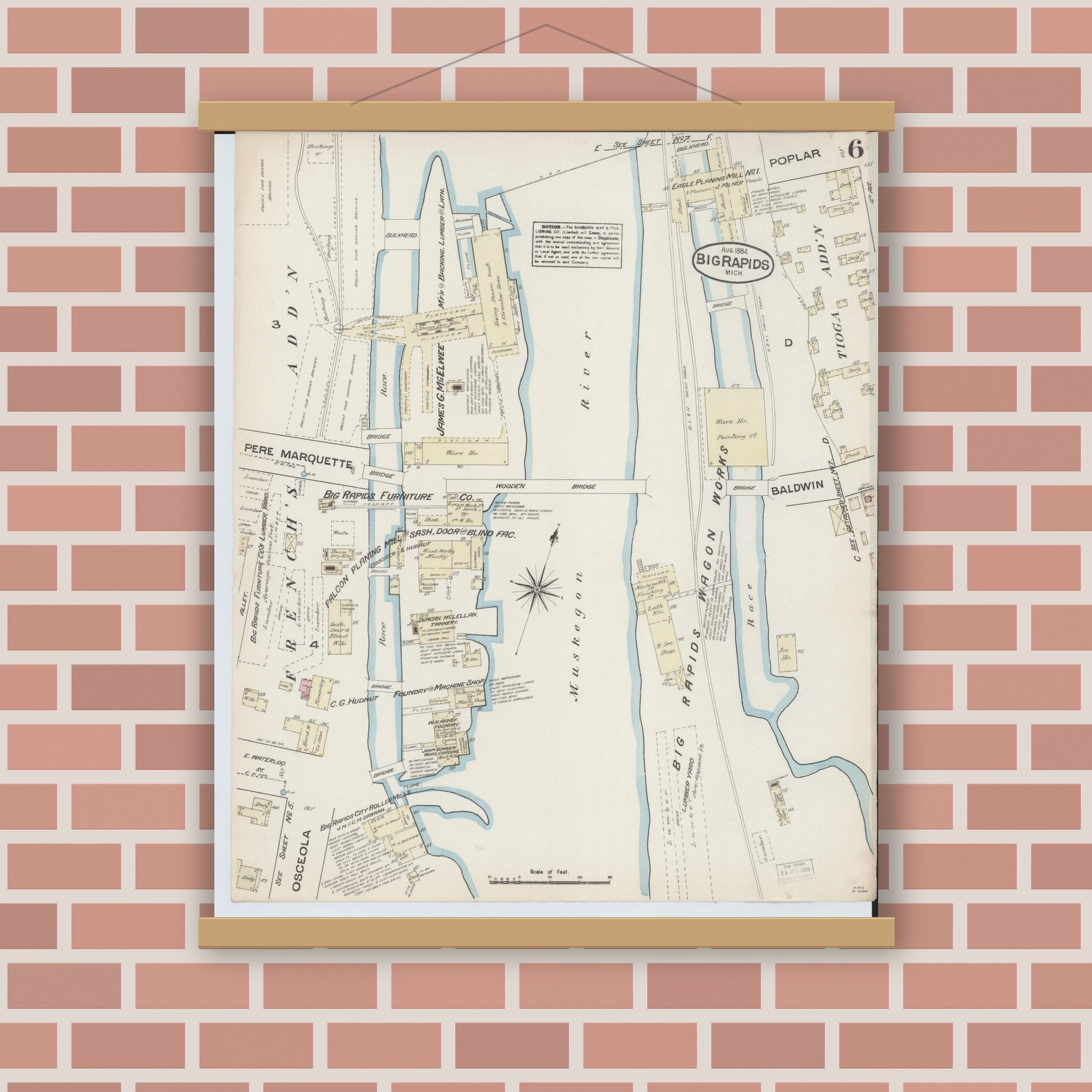 Old map wall art mockup — magnetic wood frame on brick wall — Sanborn Fire Insurance Map from Big Rapids, Mecosta County, Michigan (1884), Sheet #0006