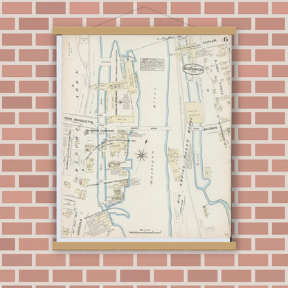 Old map wall art mockup — magnetic wood frame on brick wall — Sanborn Fire Insurance Map from Big Rapids, Mecosta County, Michigan (1884), Sheet #0006