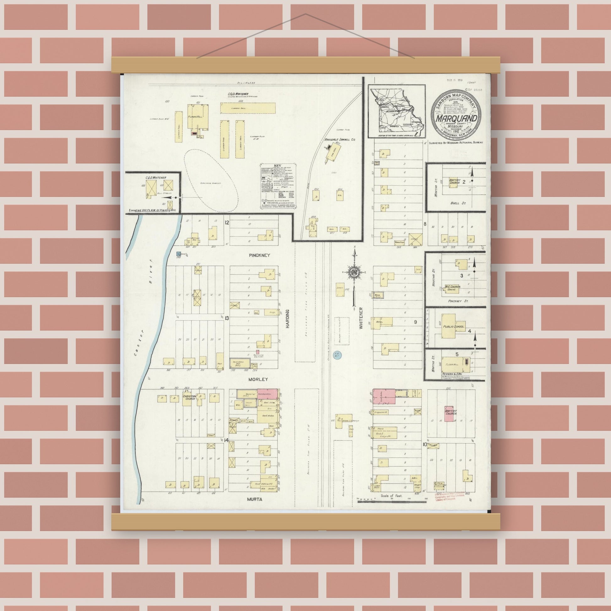 Old map wall art mockup — magnetic wood frame on brick wall — Sanborn Fire Insurance Map from Marquand, Madison County, Missouri (1912), Sheet #0001
