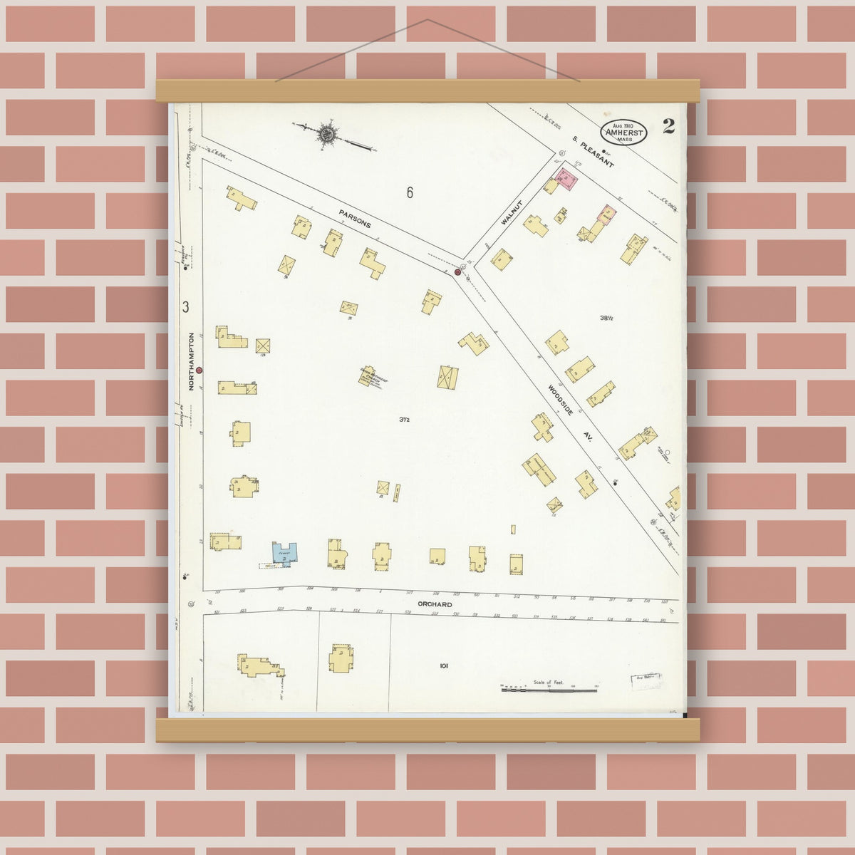 Old map wall art mockup — magnetic wood frame on brick wall — Sanborn Fire Insurance Map from Amherst, Hampshire County, Massachusetts (1910), Sheet #0002