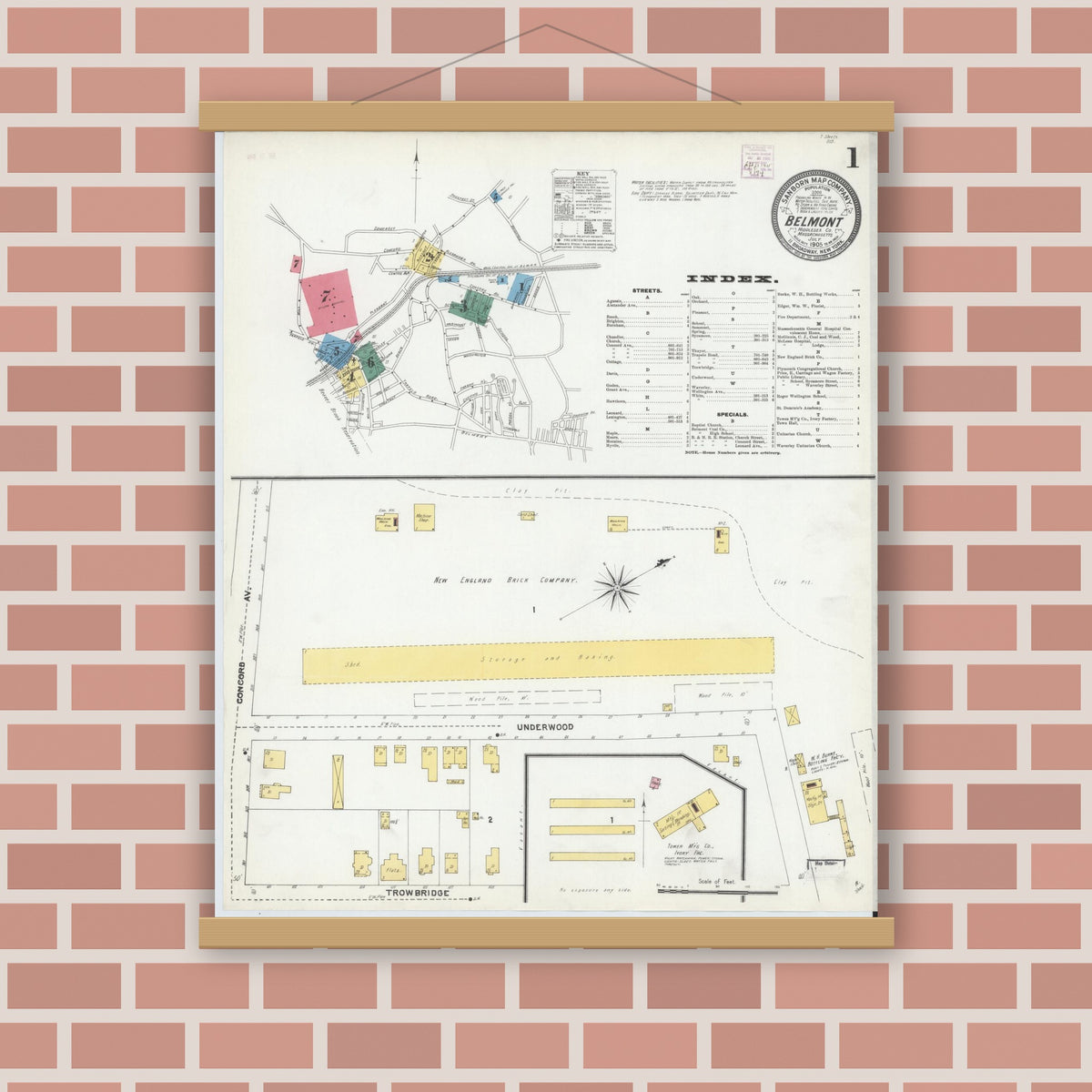 Old map wall art mockup — magnetic wood frame on brick wall — Sanborn Fire Insurance Map from Belmont, Middlesex County, Massachusetts (1905), Sheet #0001