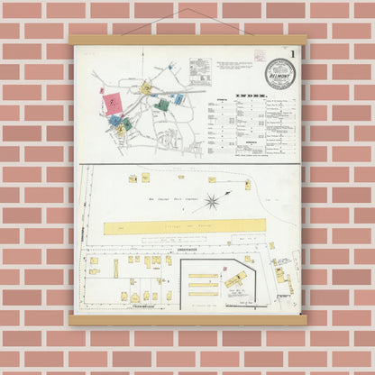 Old map wall art mockup — magnetic wood frame on brick wall — Sanborn Fire Insurance Map from Belmont, Middlesex County, Massachusetts (1905), Sheet #0001