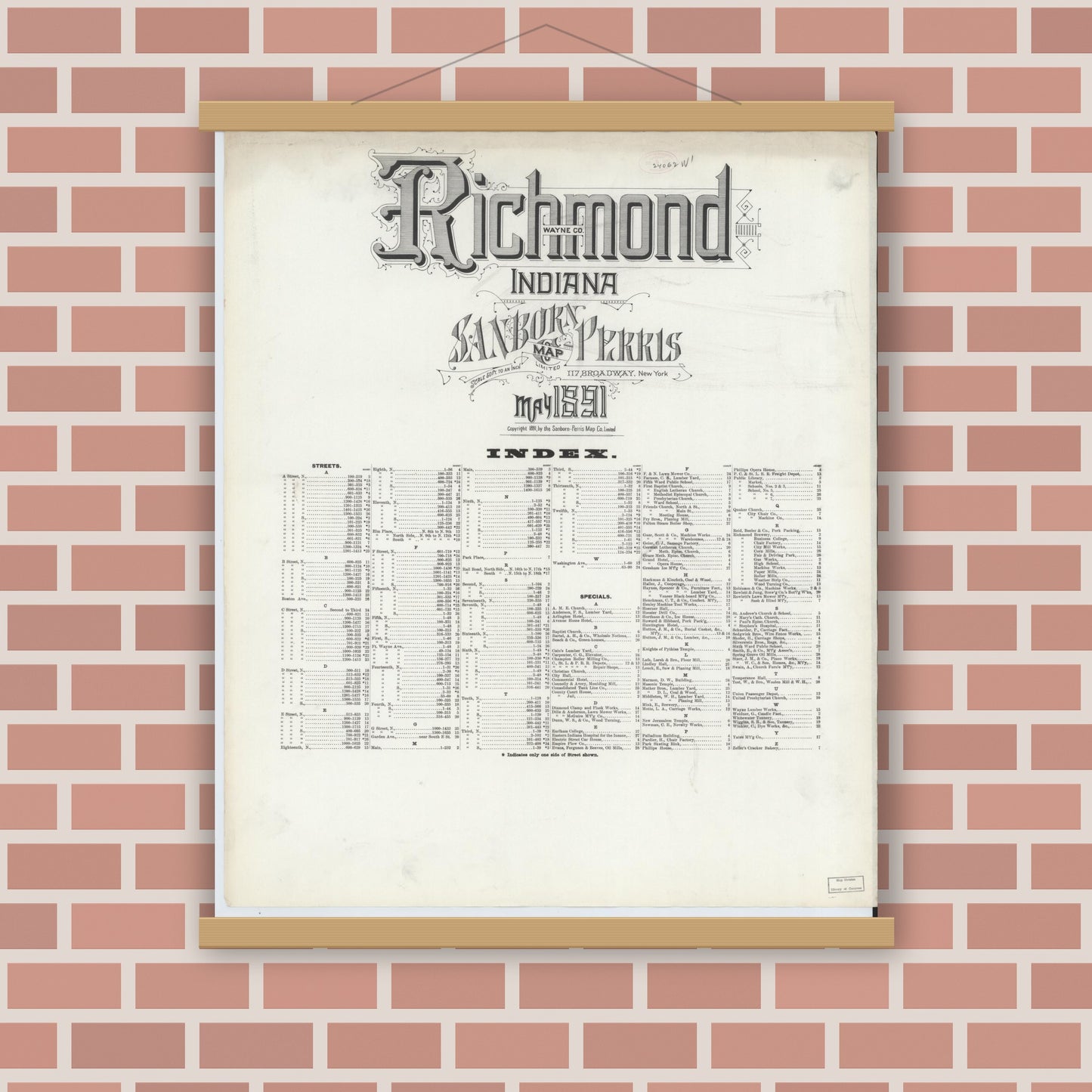 Old map wall art mockup — magnetic wood frame on brick wall — Sanborn Fire Insurance Map from Richmond, Wayne County, Indiana (1891), Sheet #0001