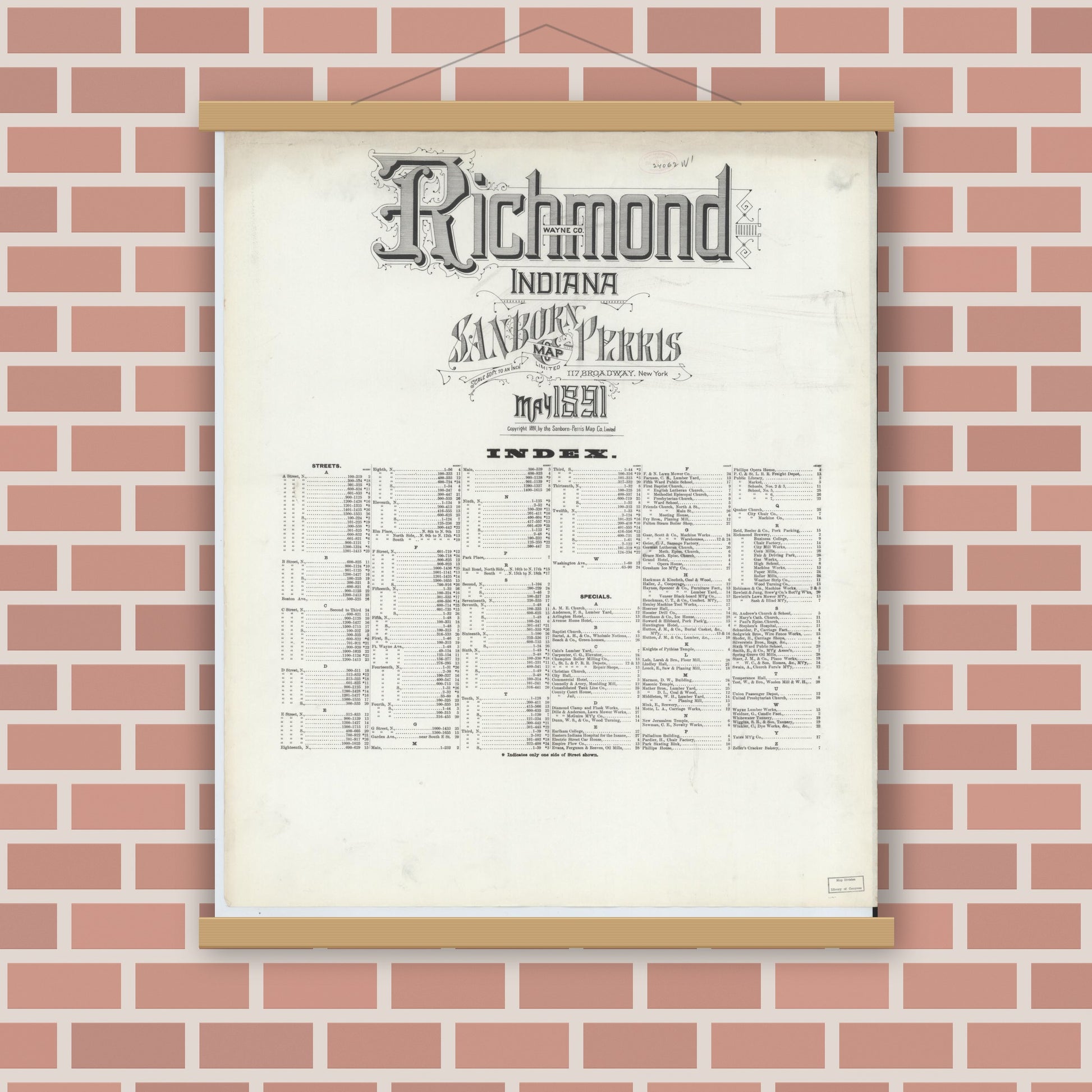 Old map wall art mockup — magnetic wood frame on brick wall — Sanborn Fire Insurance Map from Richmond, Wayne County, Indiana (1891), Sheet #0001