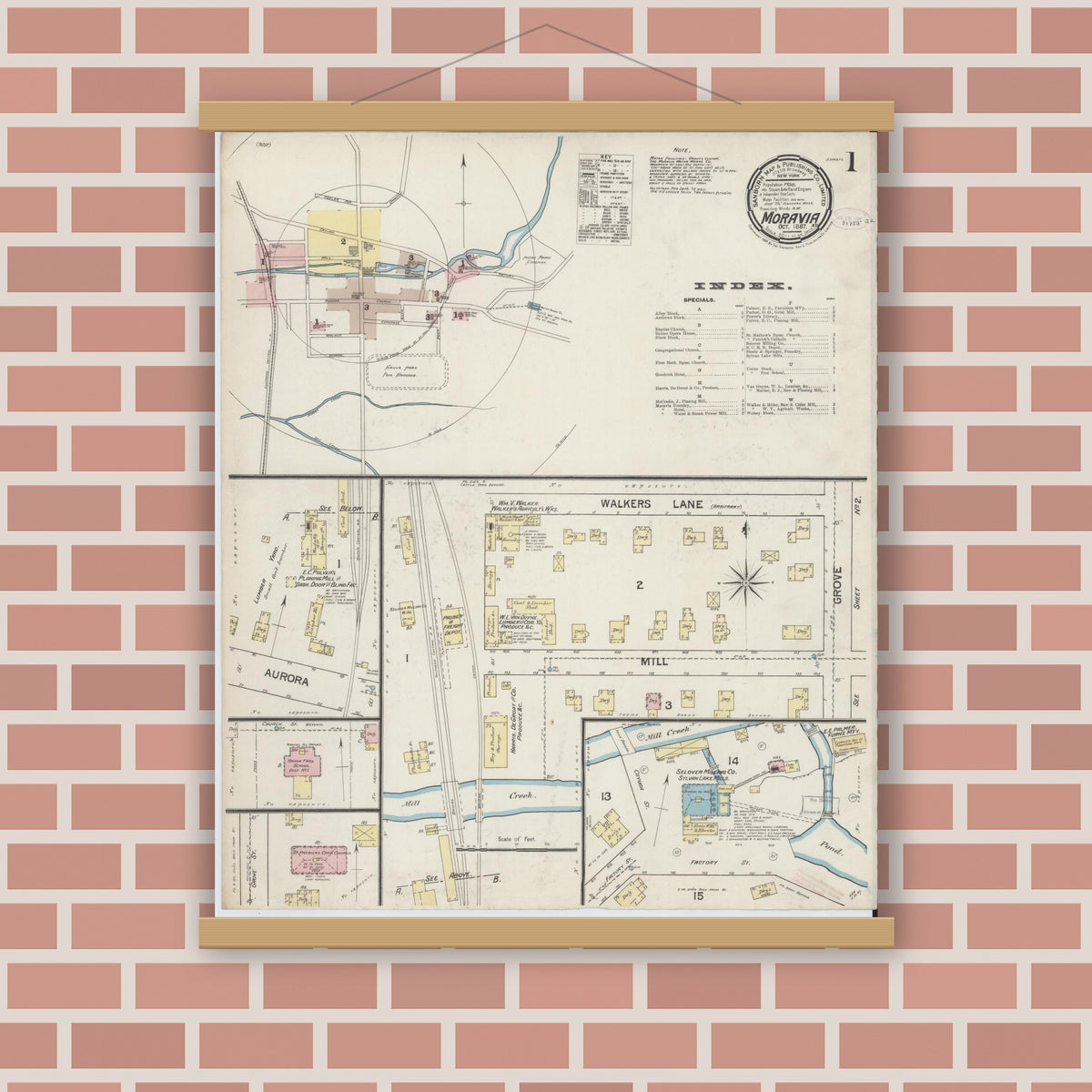 Old map wall art mockup — magnetic wood frame on brick wall — Sanborn Fire Insurance Map from Moravia, Cayuga County, New York (1887), Sheet #0001