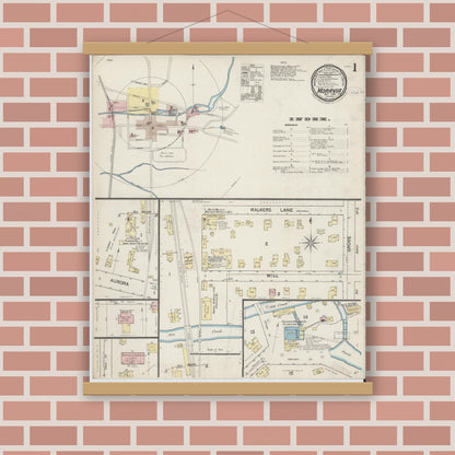 Old map wall art mockup — magnetic wood frame on brick wall — Sanborn Fire Insurance Map from Moravia, Cayuga County, New York (1887), Sheet #0001