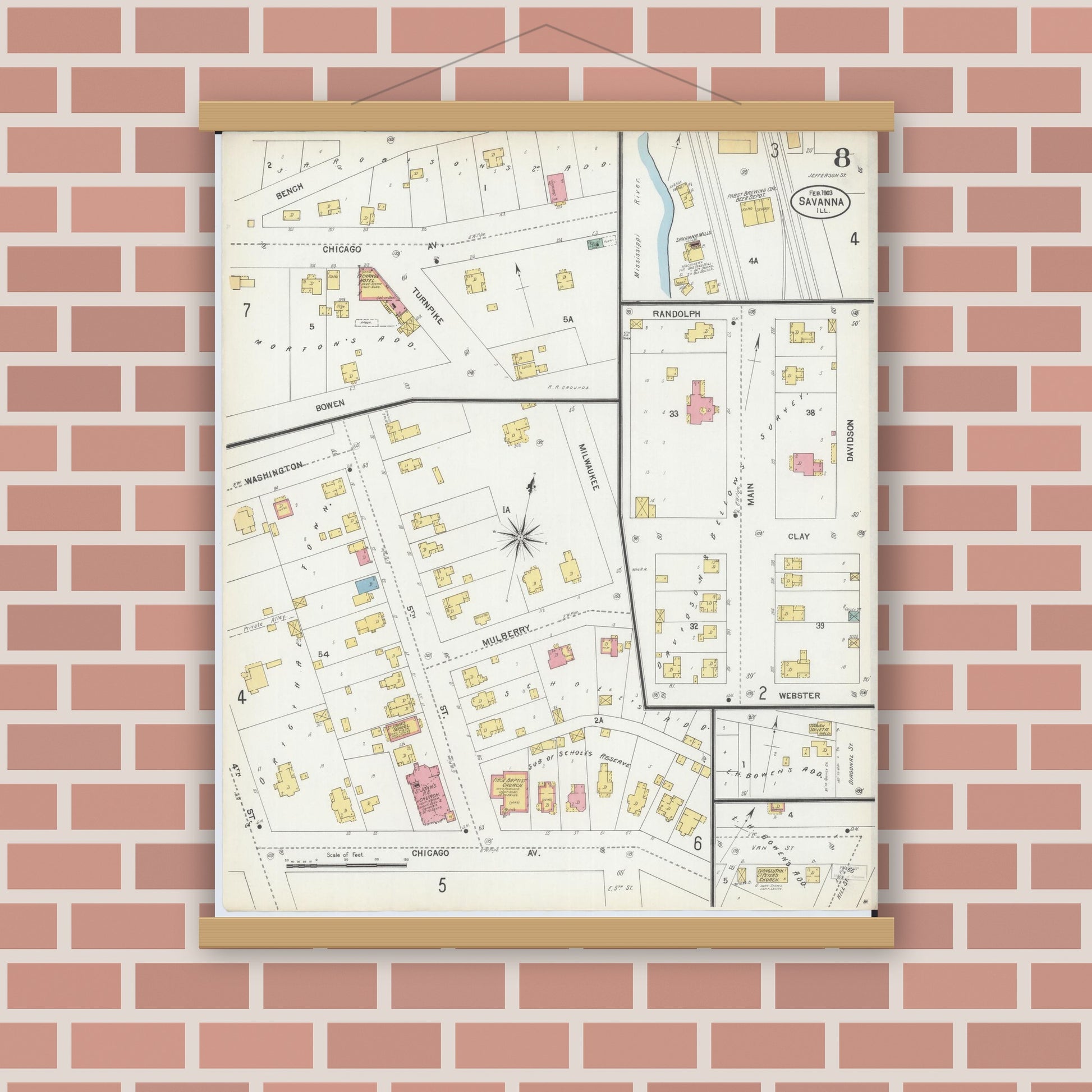 Old map wall art mockup — magnetic wood frame on brick wall — Sanborn Fire Insurance Map from Savanna, Carroll County, Illinois (1903), Sheet #0008