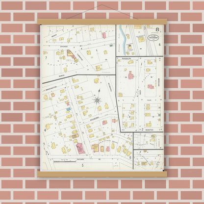 Old map wall art mockup — magnetic wood frame on brick wall — Sanborn Fire Insurance Map from Savanna, Carroll County, Illinois (1903), Sheet #0008