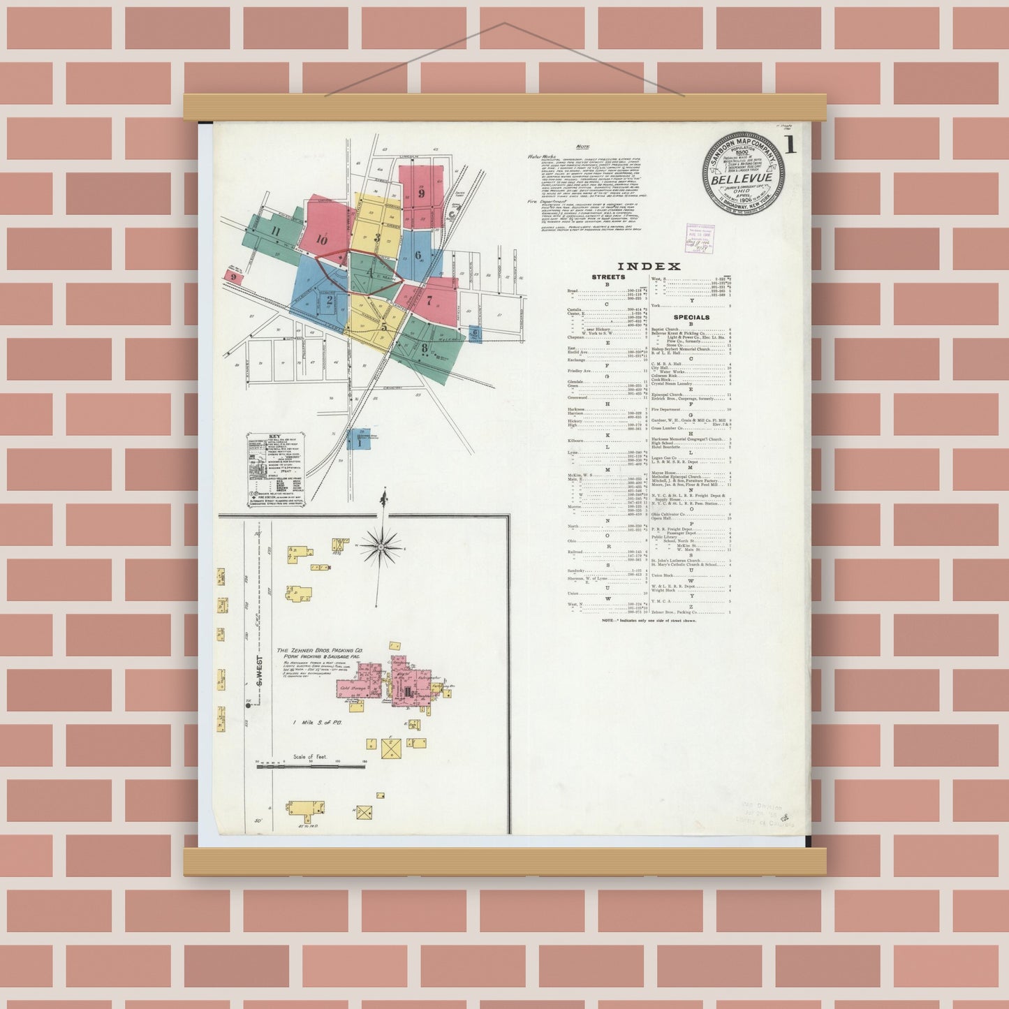 Old map wall art mockup — magnetic wood frame on brick wall — Sanborn Fire Insurance Map from Bellevue, Huron And Sandusky County, Ohio (1906) - Complete Map Set