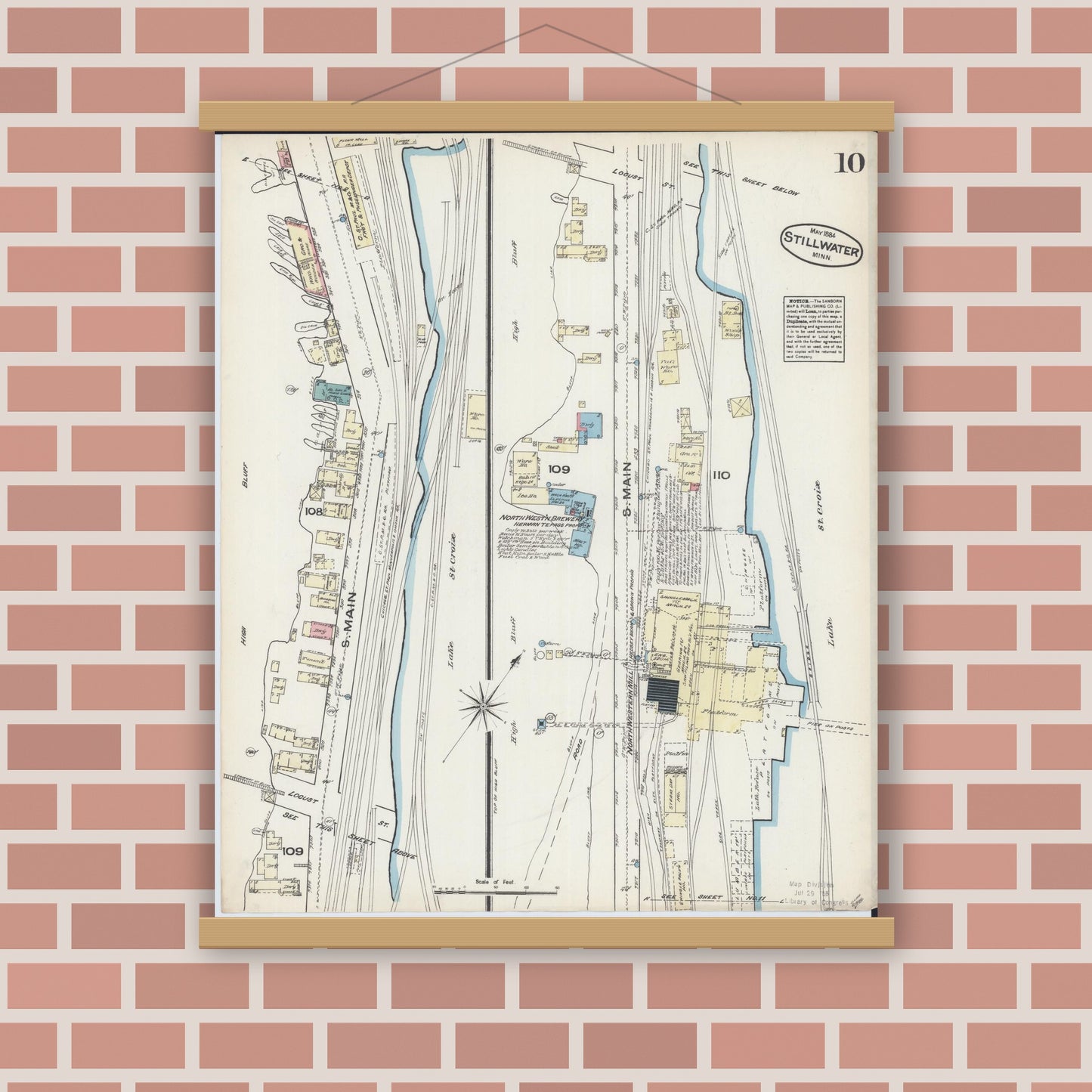 Old map wall art mockup — magnetic wood frame on brick wall — Sanborn Fire Insurance Map from Stillwater, Washington County, Minnesota (1884), Sheet #0010