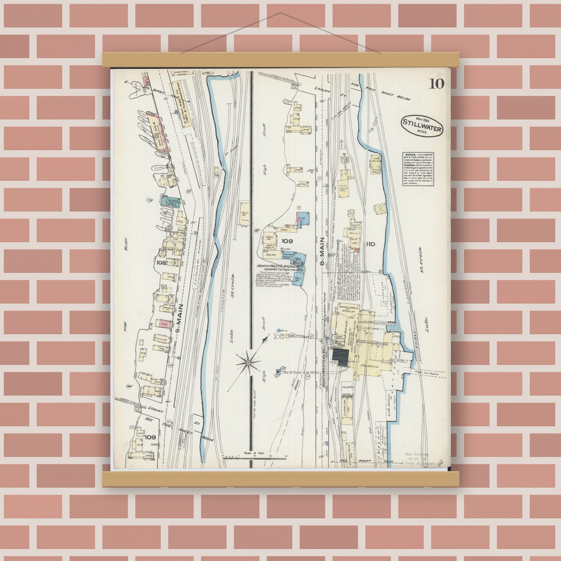 Old map wall art mockup — magnetic wood frame on brick wall — Sanborn Fire Insurance Map from Stillwater, Washington County, Minnesota (1884), Sheet #0010