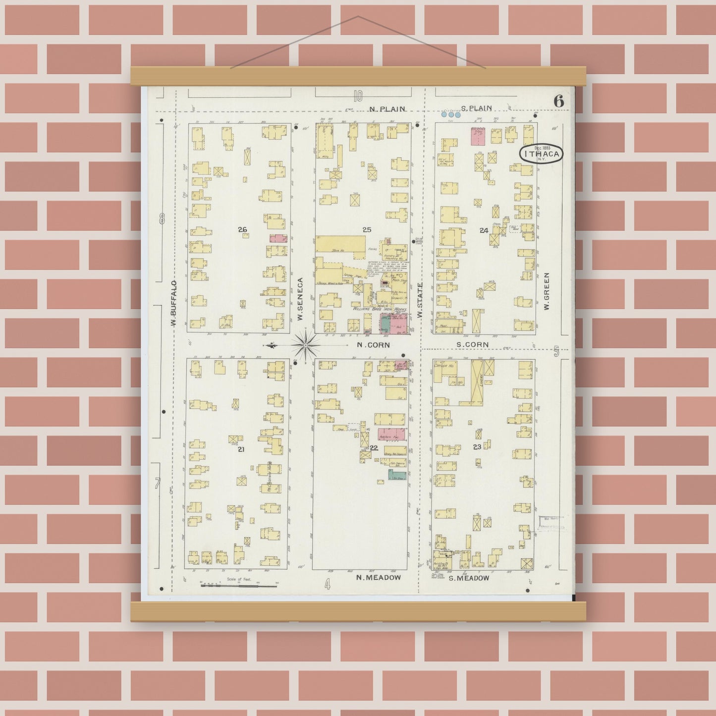 Old map wall art mockup — magnetic wood frame on brick wall — Sanborn Fire Insurance Map from Ithaca, Tompkins County, New York (1893), Sheet #0006
