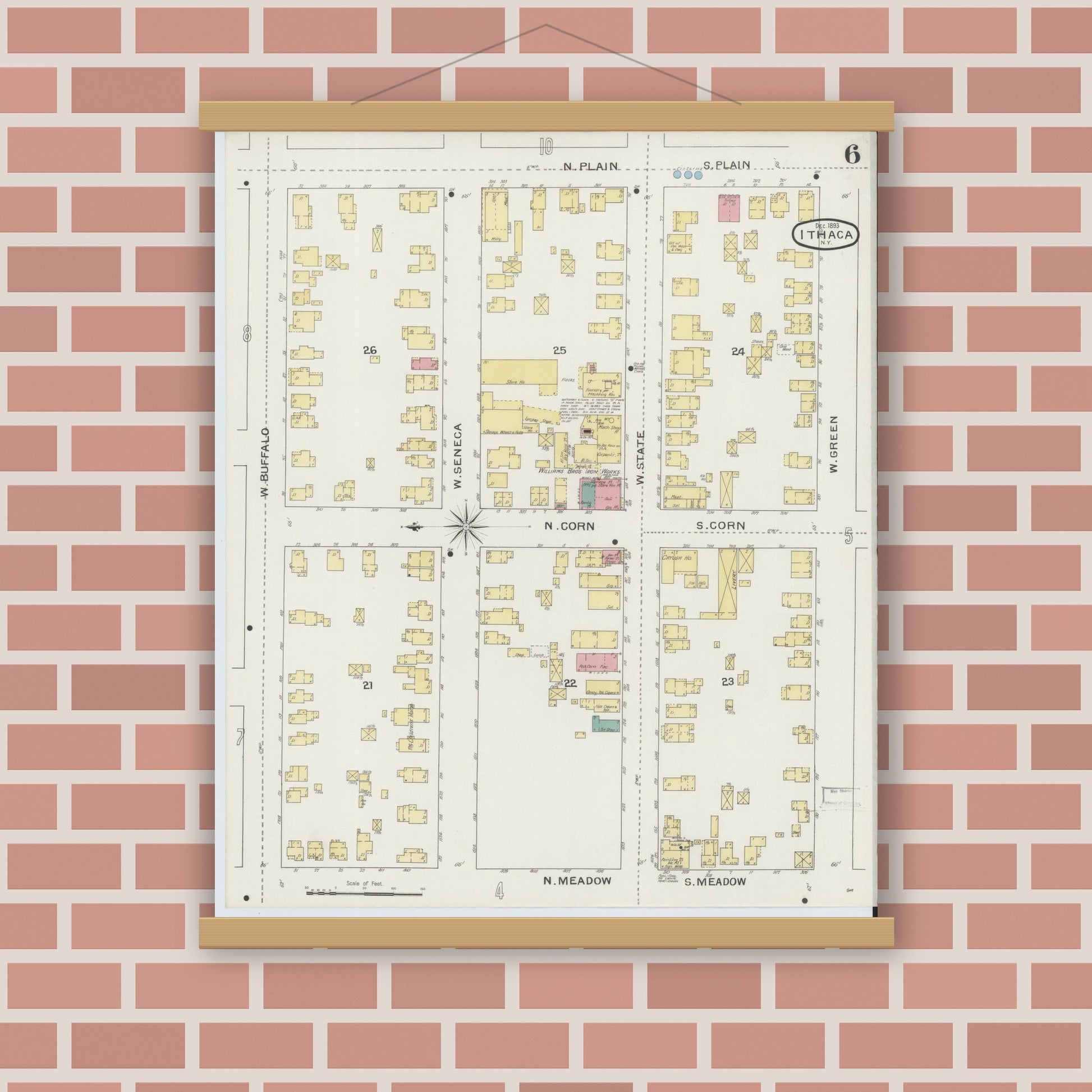 Old map wall art mockup — magnetic wood frame on brick wall — Sanborn Fire Insurance Map from Ithaca, Tompkins County, New York (1893), Sheet #0006