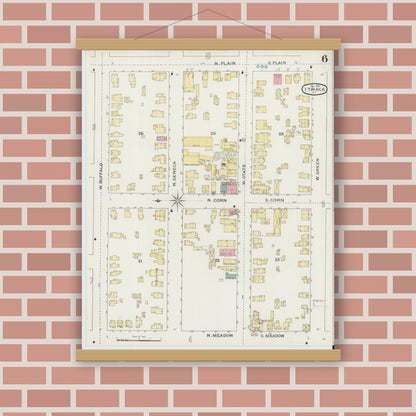Old map wall art mockup — magnetic wood frame on brick wall — Sanborn Fire Insurance Map from Ithaca, Tompkins County, New York (1893), Sheet #0006
