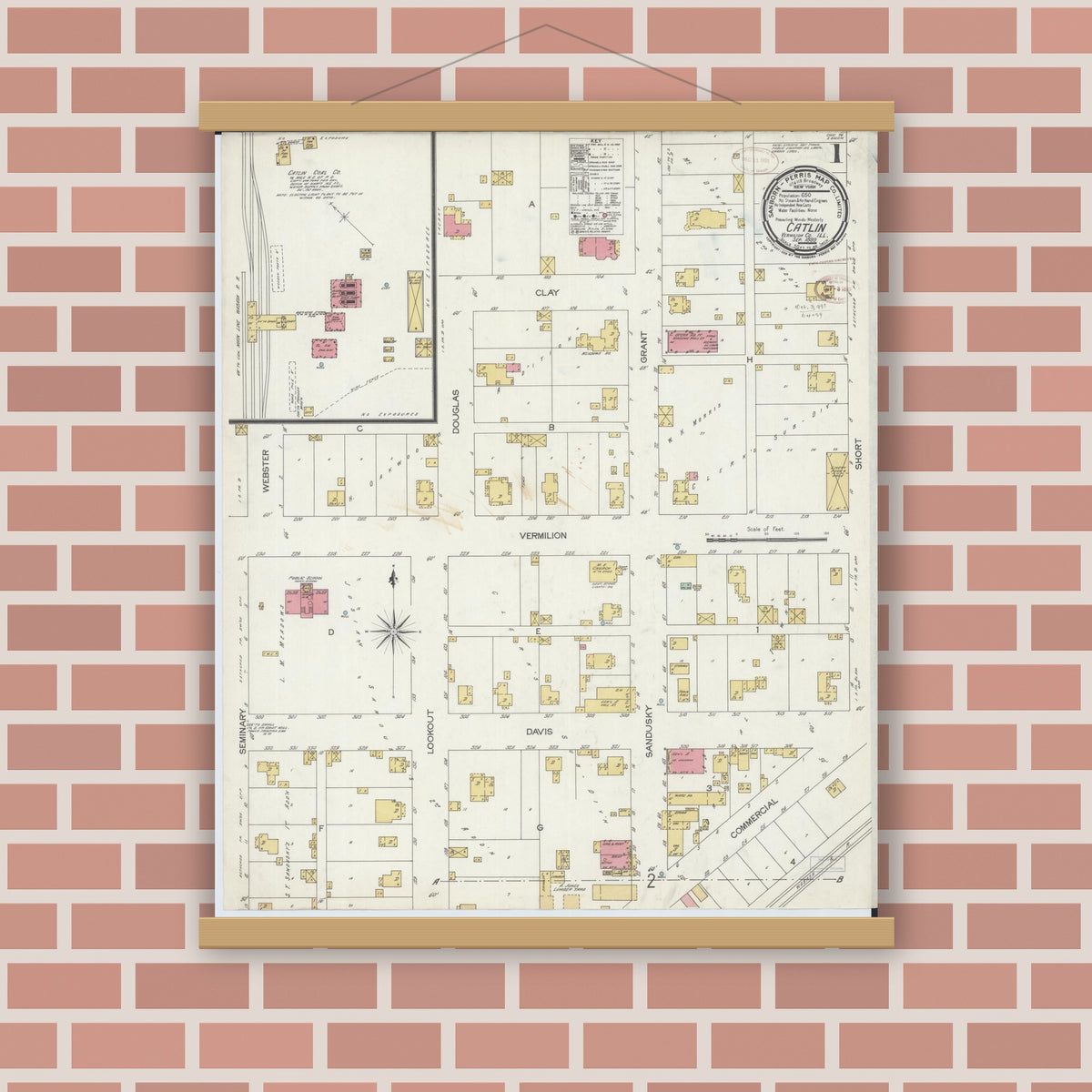 Old map wall art mockup — magnetic wood frame on brick wall — Sanborn Fire Insurance Map from Catlin, Vermilion County, Illinois (1899) - Complete Map Set