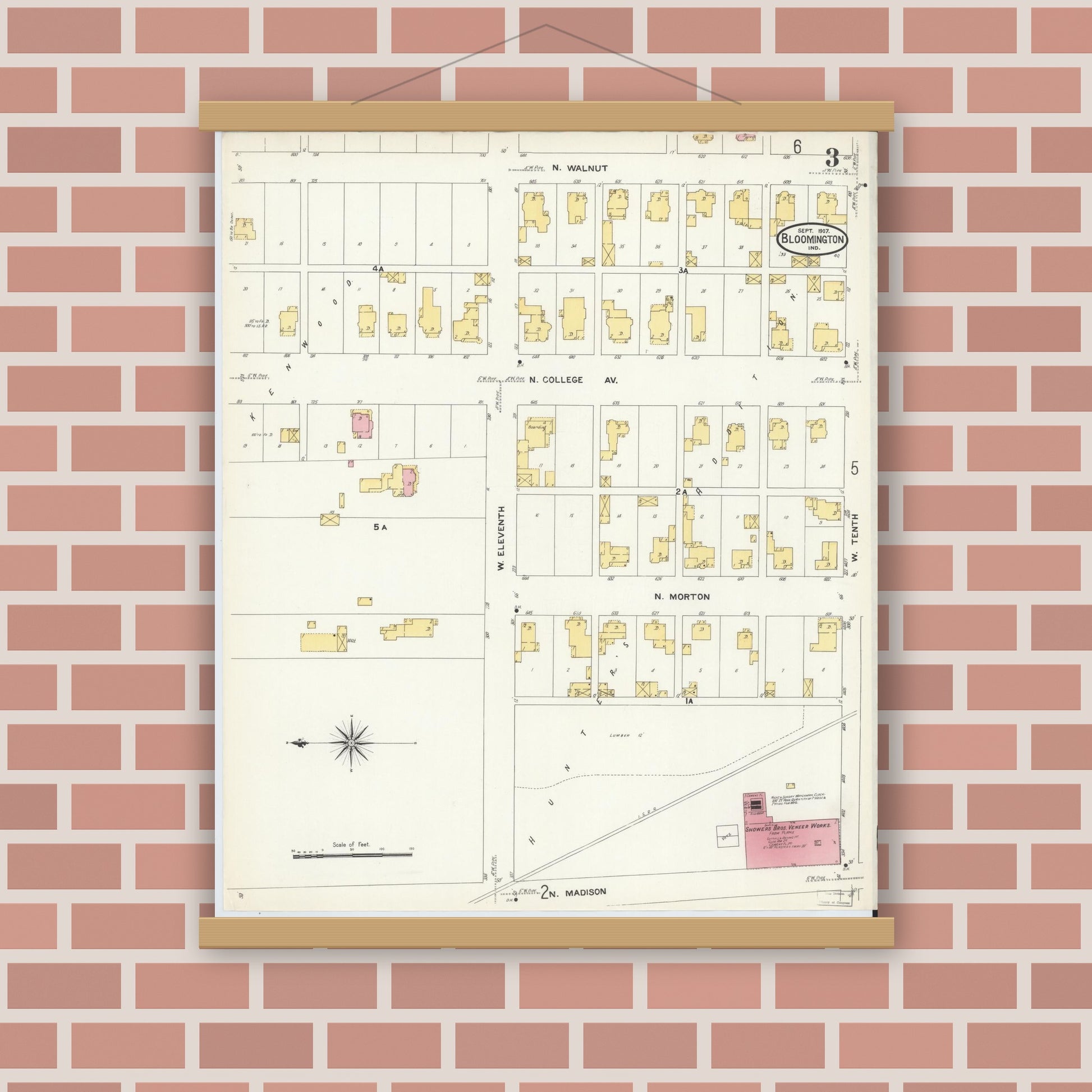 Old map wall art mockup — magnetic wood frame on brick wall — Sanborn Fire Insurance Map from Bloomington, Monroe County, Indiana (1907), Sheet #0003