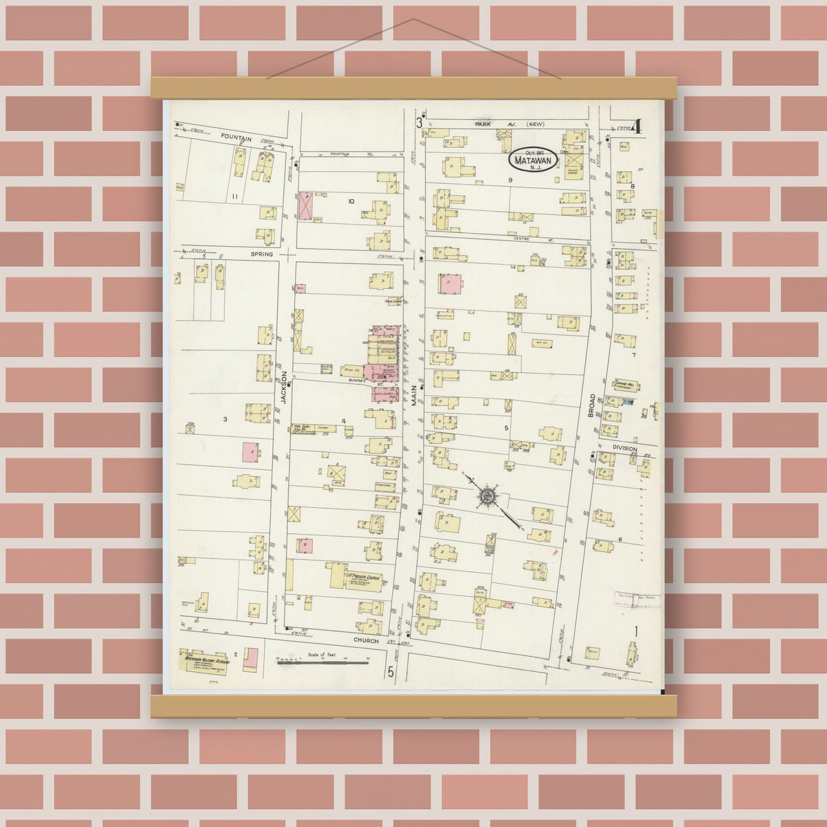 Old map wall art mockup — magnetic wood frame on brick wall — Sanborn Fire Insurance Map from Matawan, Monmouth County, New Jersey (1914), Sheet #0004