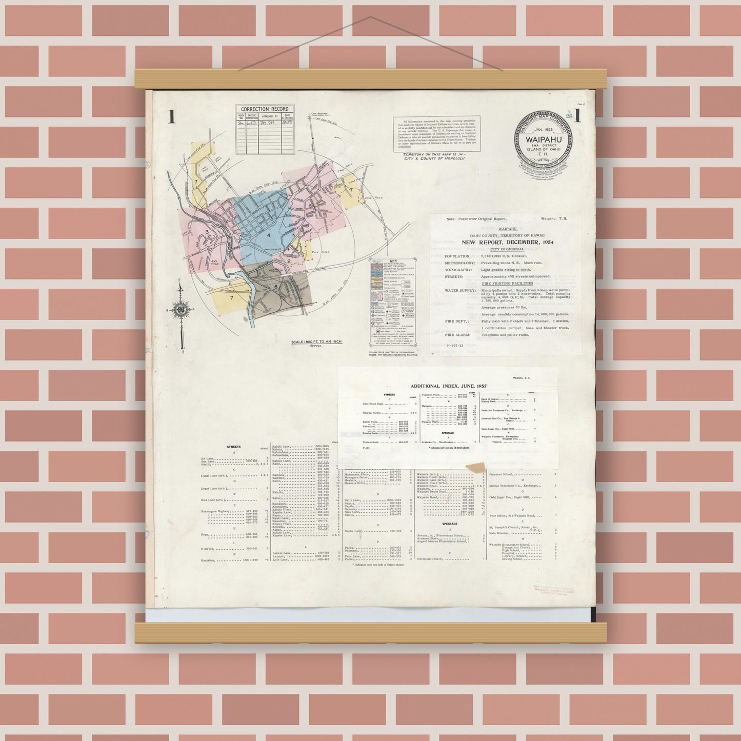 Old map wall art mockup — magnetic wood frame on brick wall — Sanborn Fire Insurance Map from Waipahu, Honolulu County, Hawaii (1957), Sheet #0001