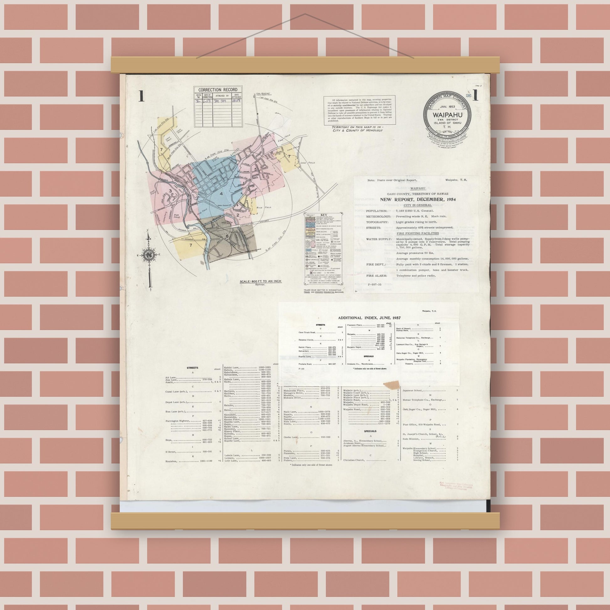 Old map wall art mockup — magnetic wood frame on brick wall — Sanborn Fire Insurance Map from Waipahu, Honolulu County, Hawaii (1957), Sheet #0001