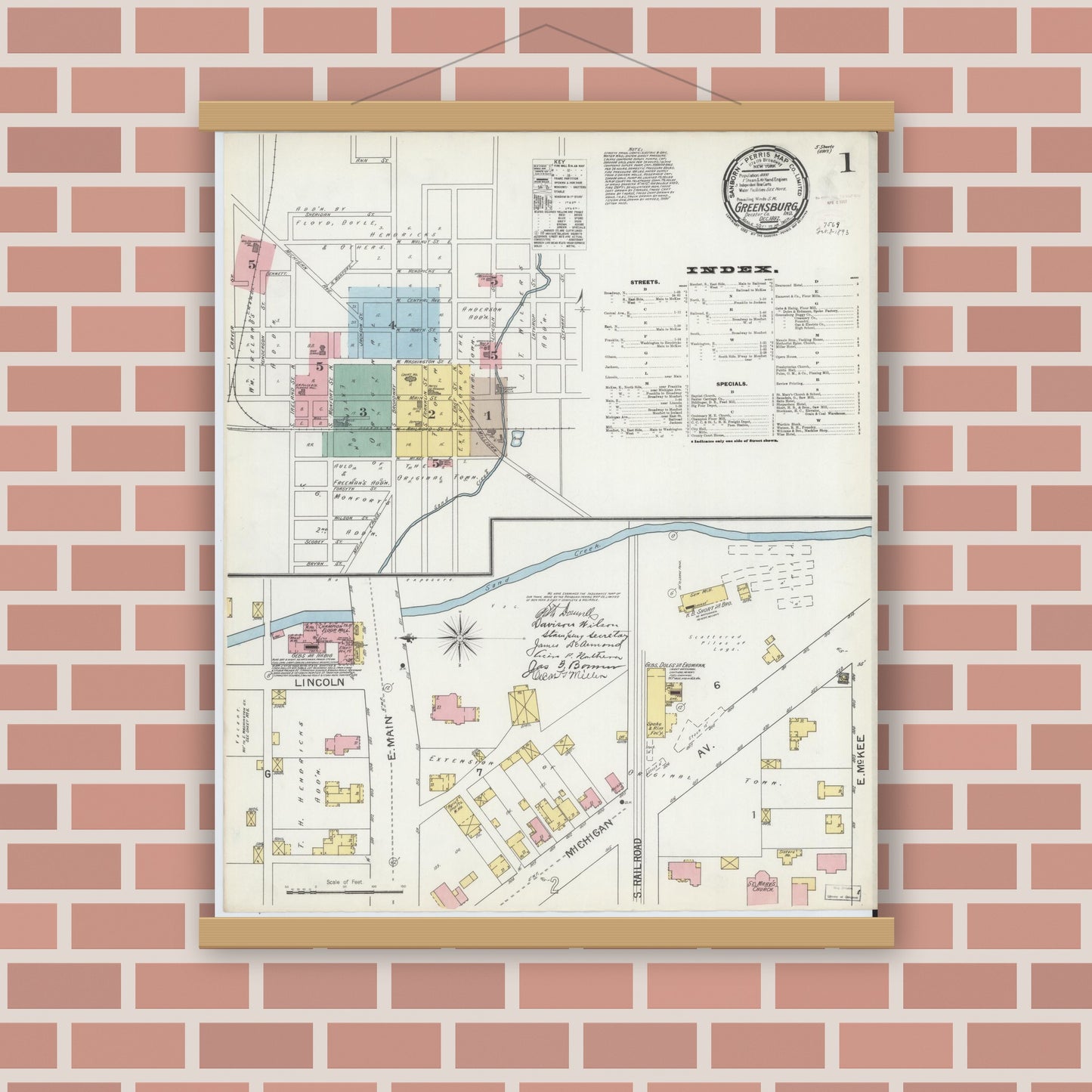 Old map wall art mockup — magnetic wood frame on brick wall — Sanborn Fire Insurance Map from Greensburg, Decatur County, Indiana (1897) - Complete Map Set