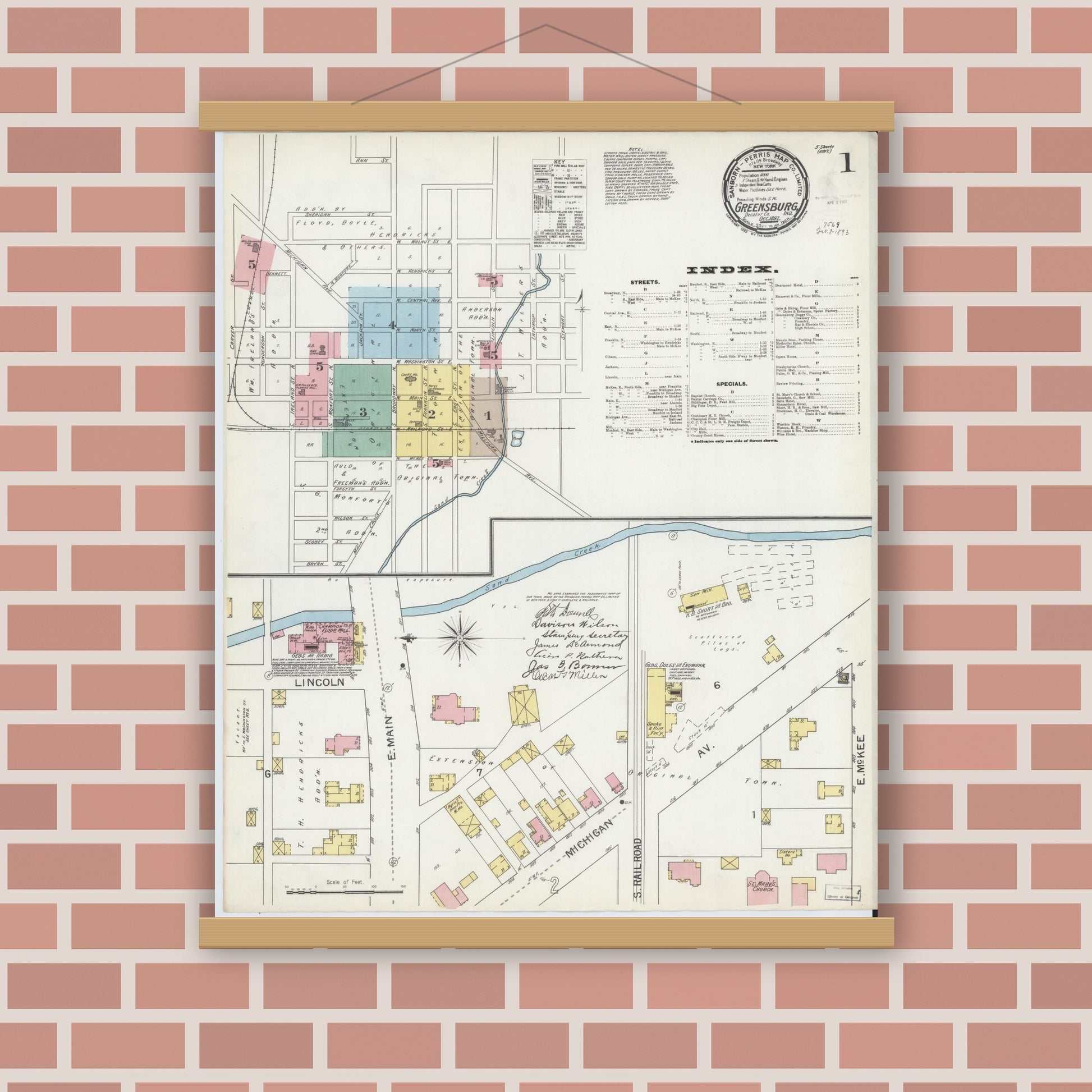 Old map wall art mockup — magnetic wood frame on brick wall — Sanborn Fire Insurance Map from Greensburg, Decatur County, Indiana (1897) - Complete Map Set