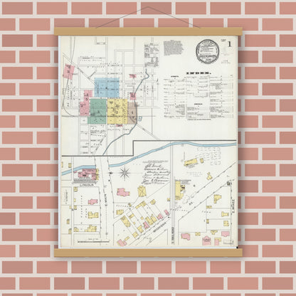 Old map wall art mockup — magnetic wood frame on brick wall — Sanborn Fire Insurance Map from Greensburg, Decatur County, Indiana (1897) - Complete Map Set