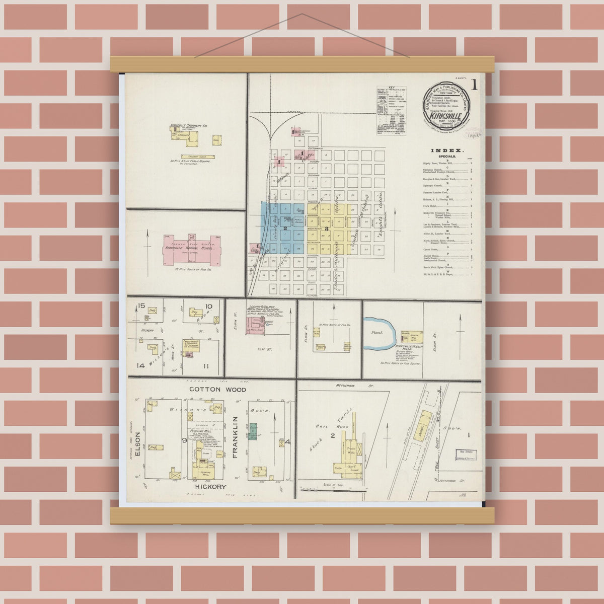 Old map wall art mockup — magnetic wood frame on brick wall — Sanborn Fire Insurance Map from Kirksville, Adair County, Missouri (1886) - Complete Map Set