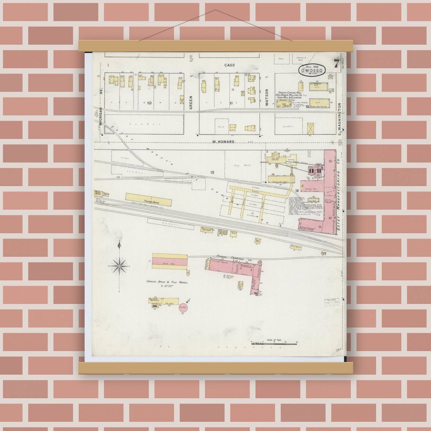 Old map wall art mockup — magnetic wood frame on brick wall — Sanborn Fire Insurance Map from Owosso, Shiawassee County, Michigan (1894), Sheet #0007