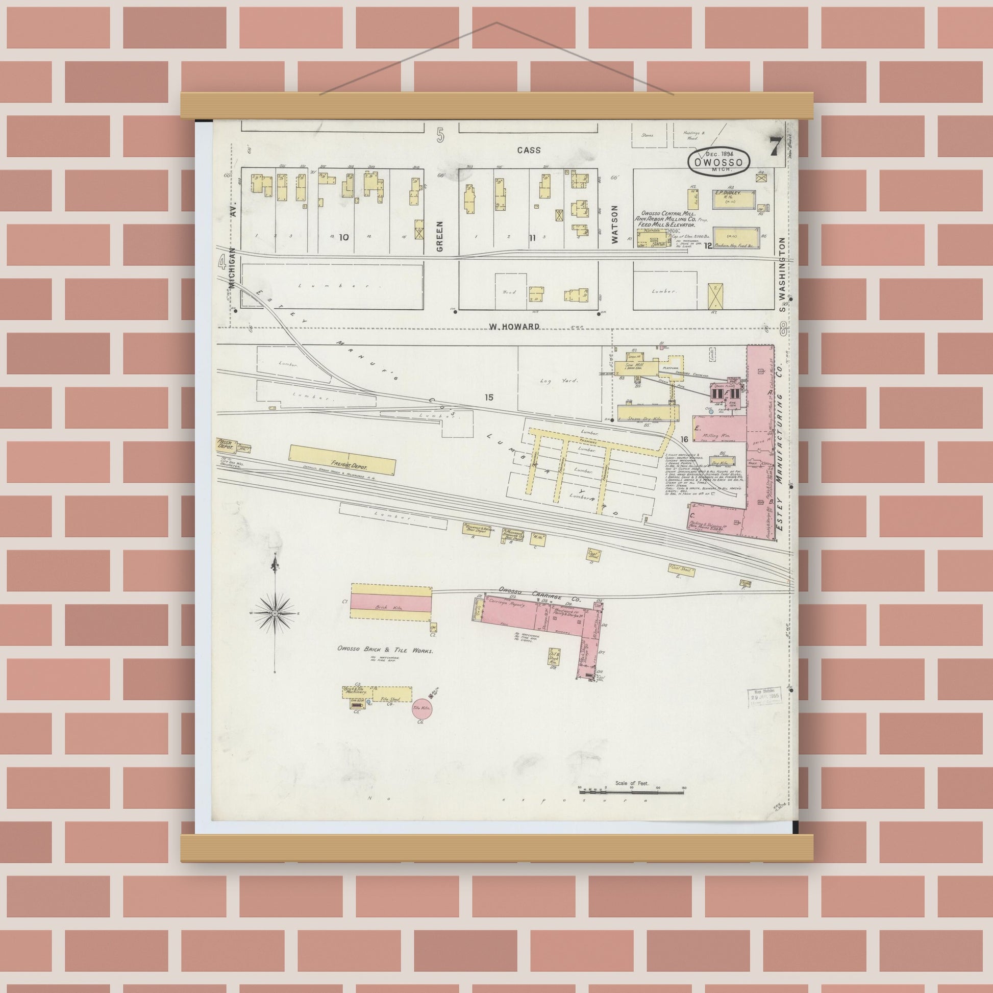 Old map wall art mockup — magnetic wood frame on brick wall — Sanborn Fire Insurance Map from Owosso, Shiawassee County, Michigan (1894), Sheet #0007