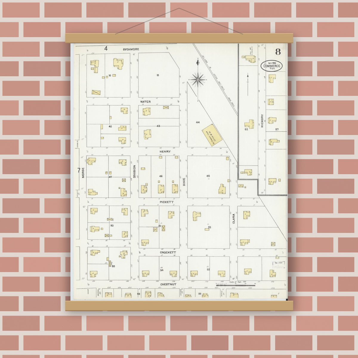Old map wall art mockup — magnetic wood frame on brick wall — Sanborn Fire Insurance Map from Commerce, Hunt County, Texas (1906), Sheet #0008