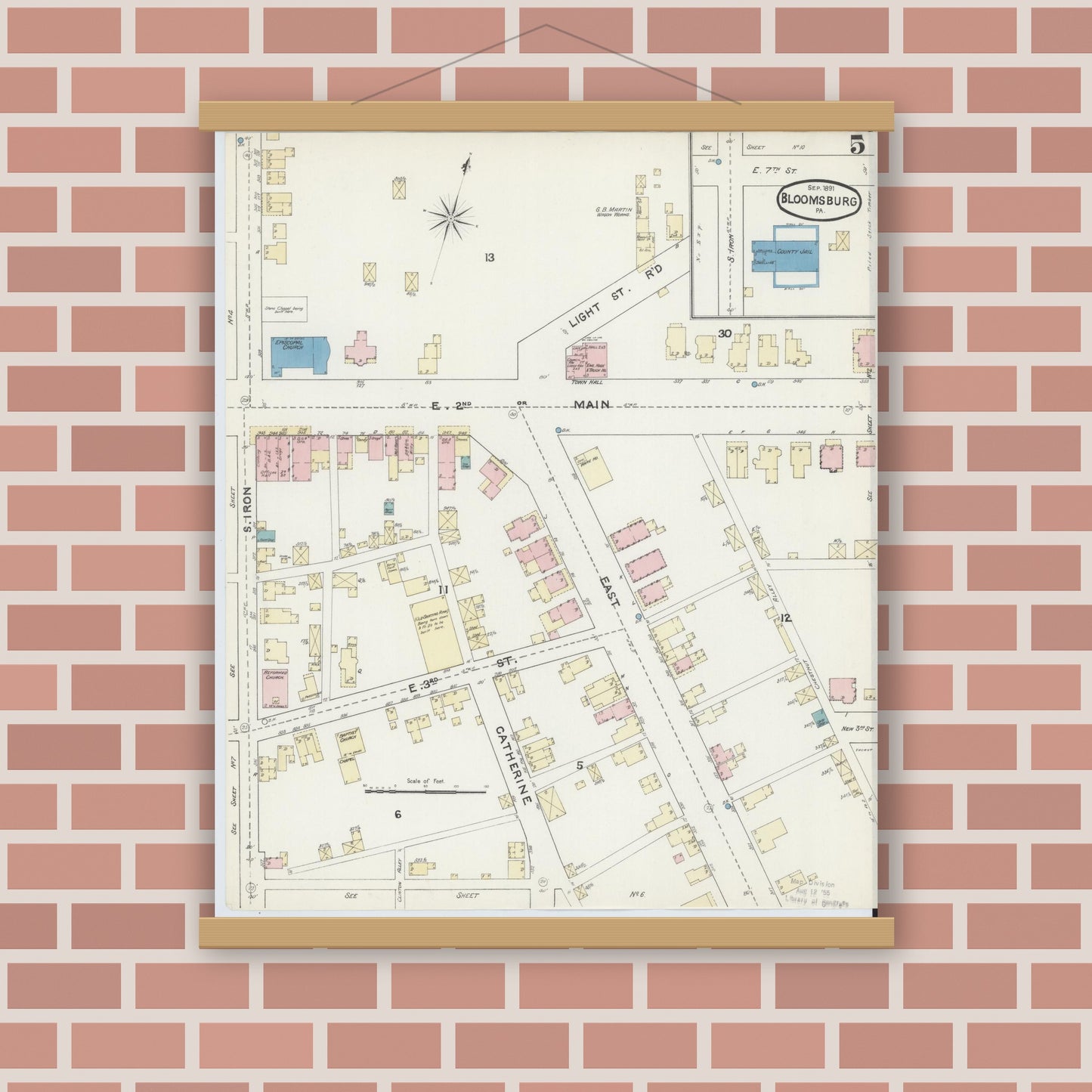 Old map wall art mockup — magnetic wood frame on brick wall — Sanborn Fire Insurance Map from Bloomsburg, Columbia County, Pennsylvania (1891), Sheet #0005