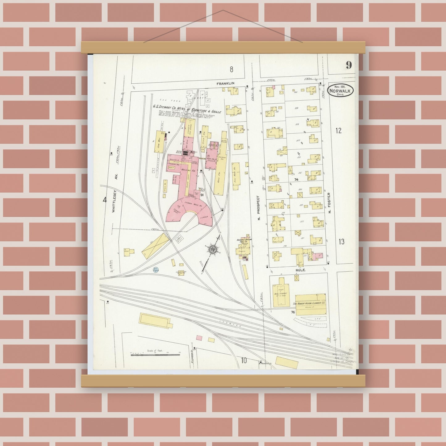 Old map wall art mockup — magnetic wood frame on brick wall — Sanborn Fire Insurance Map from Norwalk, Huron County, Ohio (1911), Sheet #0009