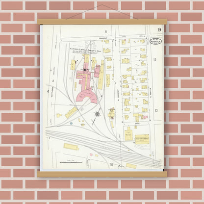 Old map wall art mockup — magnetic wood frame on brick wall — Sanborn Fire Insurance Map from Norwalk, Huron County, Ohio (1911), Sheet #0009
