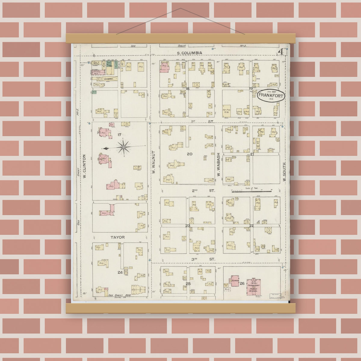 Old map wall art mockup — magnetic wood frame on brick wall — Sanborn Fire Insurance Map from Frankfort, Clinton County, Indiana (1887), Sheet #0004