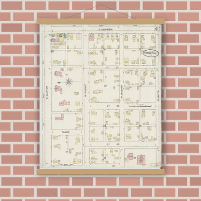 Old map wall art mockup — magnetic wood frame on brick wall — Sanborn Fire Insurance Map from Frankfort, Clinton County, Indiana (1887), Sheet #0004