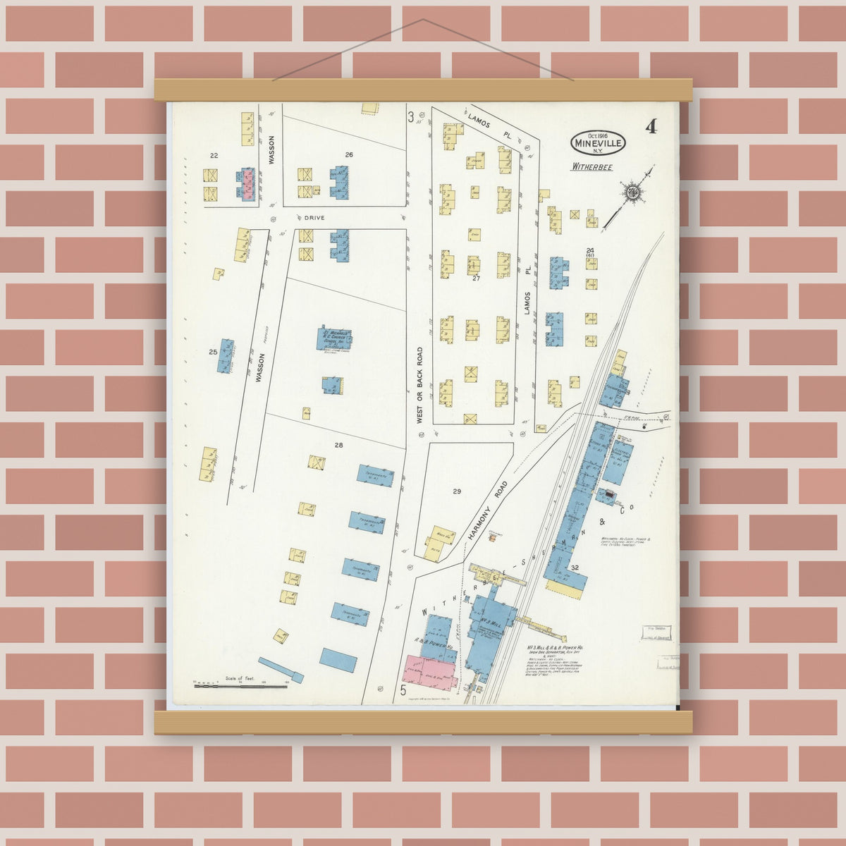 Old map wall art mockup — magnetic wood frame on brick wall — Sanborn Fire Insurance Map from Mineville, Essex County, New York (1916), Sheet #0004