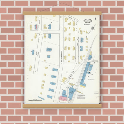 Old map wall art mockup — magnetic wood frame on brick wall — Sanborn Fire Insurance Map from Mineville, Essex County, New York (1916), Sheet #0004