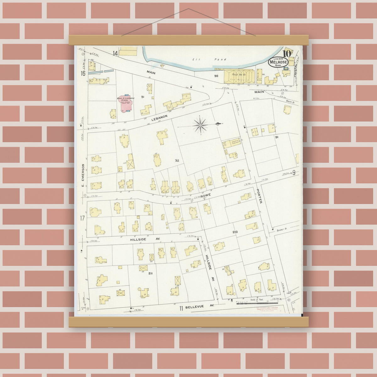 Old map wall art mockup — magnetic wood frame on brick wall — Sanborn Fire Insurance Map from Melrose, Middlesex County, Massachusetts (1909), Sheet #0010