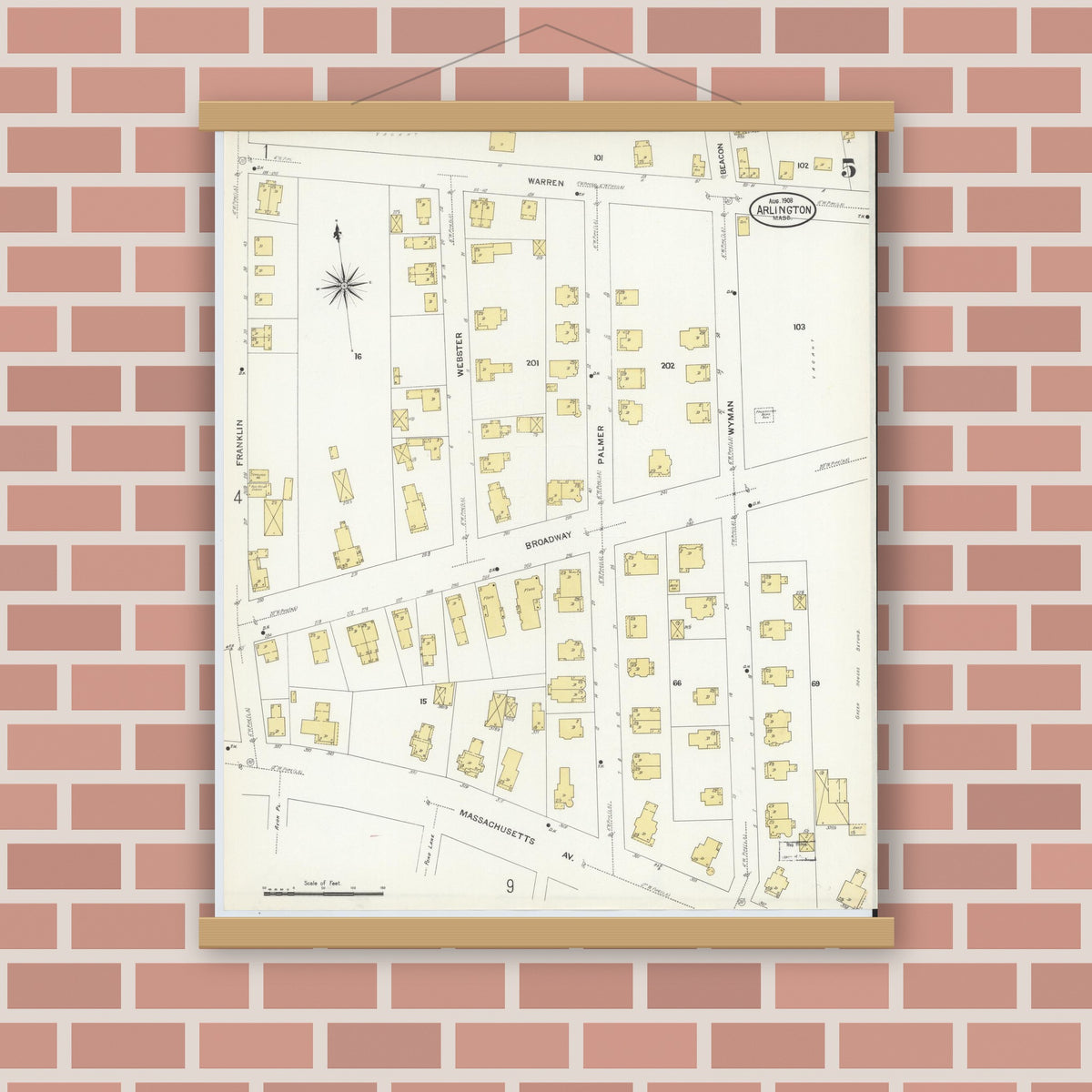 Old map wall art mockup — magnetic wood frame on brick wall — Sanborn Fire Insurance Map from Arlington, Middlesex County, Massachusetts (1908), Sheet #0005