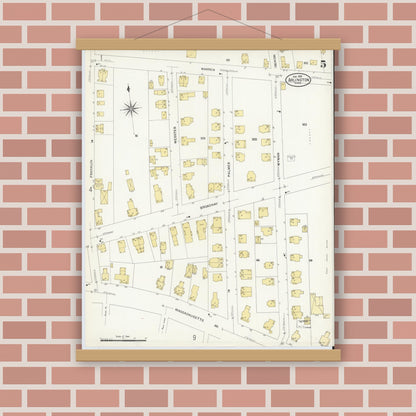 Old map wall art mockup — magnetic wood frame on brick wall — Sanborn Fire Insurance Map from Arlington, Middlesex County, Massachusetts (1908), Sheet #0005