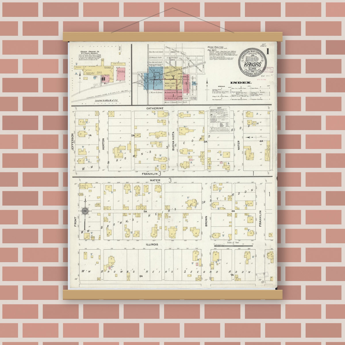 Old map wall art mockup — magnetic wood frame on brick wall — Sanborn Fire Insurance Map from Kansas, Edgar County, Illinois (1910), Sheet #0001